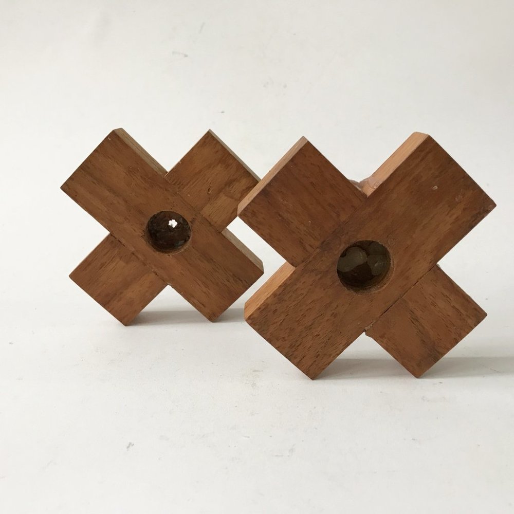 Handmade Wooden Cross Plus X Shaped Candlestick Candle Holders Set of 2